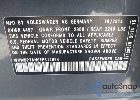 2015 Volkswagen Cc 2.0T Sport z USA, uszkodzony, nr VIN WVWBP7AN0FE812854